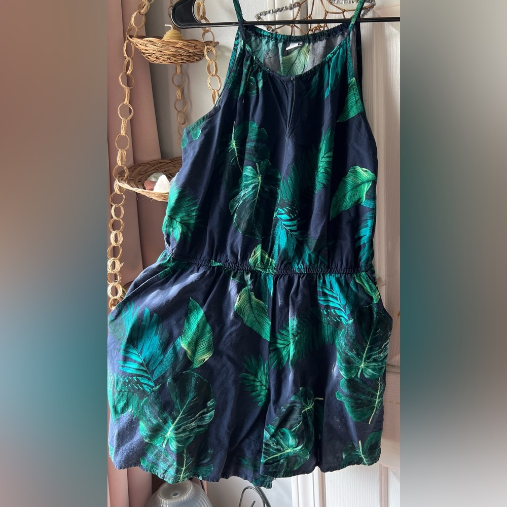 Old Navy Medium Blue and Green Palm Leaf Romper